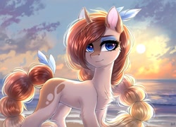 Size: 3000x2159 | Tagged: safe, artist:hakaina, derpibooru import, oc, oc only, pony, unicorn, chest fluff, ear fluff, ears, feather, horn, ocean, solo, sun, unicorn oc, water