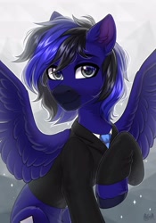 Size: 2100x3000 | Tagged: safe, artist:hakaina, derpibooru import, oc, oc only, pegasus, pony, clothes, ear fluff, ears, looking at you, pegasus oc, raised hoof, raised leg, smiling, smiling at you, solo