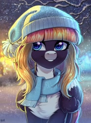 Size: 2000x2700 | Tagged: safe, artist:hakaina, derpibooru import, oc, oc only, pegasus, pony, clothes, folded wings, hat, pegasus oc, scarf, smiling, snow, snowfall, snowflake, solo, wings