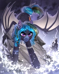 Size: 2000x2500 | Tagged: safe, artist:hakaina, derpibooru import, oc, oc only, bat pony, pony, angry, bat pony oc, jewelry, lightning, solo, storm, unshorn fetlocks, water