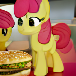 Size: 1024x1024 | Tagged: safe, derpibooru import, machine learning generated, apple bloom, earth pony, pony, big mac (burger), burger, craiyon, female, filly, foal, food, hamburger, implied big macintosh, mcdonald's, self paradox, self ponidox, solo