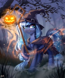 Size: 2350x2800 | Tagged: safe, artist:hakaina, derpibooru import, oc, oc only, pony, unicorn, cape, clothes, forest, halloween, hat, holiday, horn, jack-o-lantern, lantern, looking at you, pumpkin, smiling, smiling at you, solo, tree, unicorn oc, unshorn fetlocks, witch hat