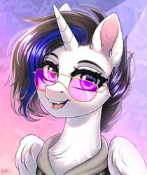 Size: 2100x2500 | Tagged: safe, artist:hakaina, derpibooru import, oc, oc only, alicorn, pony, alicorn oc, chest fluff, clothes, ear fluff, ears, glasses, horn, looking at you, open mouth, open smile, piercing, smiling, smiling at you, solo, wings