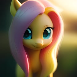 Size: 2304x2304 | Tagged: safe, derpibooru import, machine learning generated, fluttershy, pony, anything pony: sd is magic, bust, green eyes, looking at you, portrait, simple background, smiling, smiling at you, solo