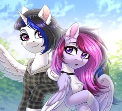 Size: 2700x2444 | Tagged: safe, artist:hakaina, derpibooru import, oc, oc only, alicorn, pegasus, pony, :o, alicorn oc, chest fluff, clothes, collar, duo, ear fluff, ears, horn, one wing out, open mouth, pegasus oc, piercing, smiling, wings