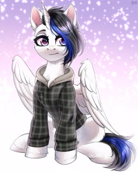 Size: 2000x2500 | Tagged: safe, artist:hakaina, derpibooru import, oc, oc only, alicorn, pony, alicorn oc, chest fluff, clothes, ear fluff, ears, horn, solo, spread wings, unshorn fetlocks, wings