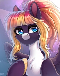 Size: 1700x2125 | Tagged: safe, artist:hakaina, derpibooru import, oc, oc only, pegasus, pony, chest fluff, ear fluff, ears, looking at you, pegasus oc, solo, spread wings, unshorn fetlocks, wings