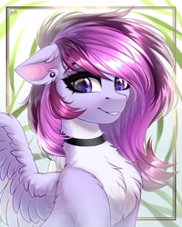 Size: 2000x2500 | Tagged: safe, artist:hakaina, derpibooru import, oc, oc only, pegasus, pony, chest fluff, collar, ear fluff, ears, looking at you, pegasus oc, piercing, smiling, smiling at you, solo