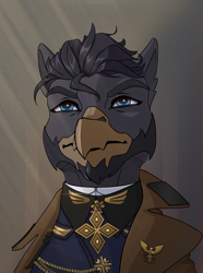 Size: 2228x3000 | Tagged: safe, artist:callsign-echo, derpibooru import, oc, oc only, oc:leonard rodier, griffon, equestria at war mod, badge, bust, chad, clothes, facial hair, male, military, military uniform, overcoat, solo, uniform