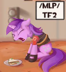 Size: 1200x1303 | Tagged: safe, derpibooru import, amethyst star, sparkler, pony, unicorn, /mlp/ tf2 general, badwater, bullet, clothes, eyes closed, food, heavy weapons guy, hoof gloves, open mouth, sandvich, sandwich, screaming, solo, team fortress 2, vest