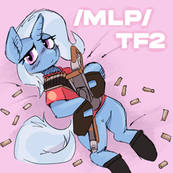 Size: 1024x1024 | Tagged: safe, artist:rellopone, derpibooru import, trixie, pony, unicorn, /mlp/ tf2 general, blushing, clothes, gun, heavy weapons guy, hoof gloves, hoof shoes, solo, team fortress 2, tomislav, weapon