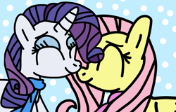 Size: 1000x640 | Tagged: safe, artist:jadeharmony, derpibooru import, fluttershy, rarity, pegasus, pony, unicorn, clothes, duo, duo female, eyes closed, female, flarity, gift art, lesbian, mare, nuzzling, scarf, shipping, snow, snowfall