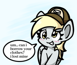 Size: 998x845 | Tagged: safe, artist:derp pone, derpibooru exclusive, derpibooru import, derpy hooves, pegasus, pony, blushing, covering, cute, derpabetes, embarrassed, hat, looking at you, smiling, solo, speech bubble, teeth, we don't normally wear clothes