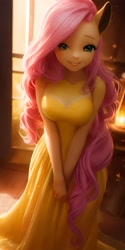 Size: 2048x4096 | Tagged: safe, derpibooru import, generator:stable diffusion, machine learning generated, fluttershy, anthro, anything pony: sd is magic, bent over, female, green eyes, jewelry, leaning forward, looking at you, necklace, pose, solo, window, yellow dress