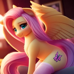 Size: 2304x2304 | Tagged: safe, derpibooru import, machine learning generated, fluttershy, pegasus, pony, anything pony: sd is magic, chest fluff, clothes, female, green eyes, looking at you, mare, pink socks, side view, sitting, smiling, smiling at you, socks, solo, wings