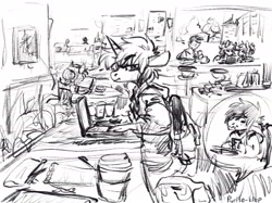 Size: 2732x2048 | Tagged: safe, artist:purple-blep, derpibooru import, oc, oc:anon, oc:lime, oc:neem, oc:paradise skies, anthro, bat pony, earth pony, pegasus, unicorn, black and white, cafe, coffee, coffee shop, grayscale, monochrome, scene, sketch, studying