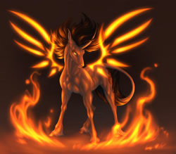 Size: 1920x1680 | Tagged: safe, artist:dementra369, derpibooru import, oc, oc only, pony, unicorn, artificial wings, augmented, fire, glowing, glowing eyes, leonine tail, looking at you, magic, magic wings, male, solo, tail, unshorn fetlocks, wings