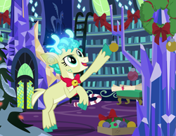 Size: 1161x900 | Tagged: safe, artist:pixelkitties, derpibooru import, part of a set, alice the reindeer, deer, reindeer, antlers, bow, bowtie, candy, candy cane, christmas, christmas decoration, christmas tree, cloven hooves, food, freckles, holiday, i can't believe it's not hasbro studios, ornament, ornaments, solo, tree, twilight's castle, unshorn fetlocks