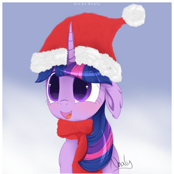 Size: 1280x1280 | Tagged: safe, artist:nnaly, derpibooru import, twilight sparkle, unicorn twilight, pony, unicorn, bust, christmas, cute, ears, floppy ears, hat, holiday, portrait, santa hat, solo, twiabetes