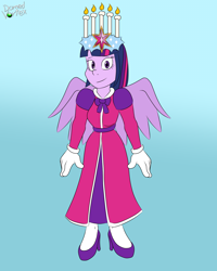 Size: 1600x2000 | Tagged: safe, artist:domedvortex, derpibooru import, twilight sparkle, twilight sparkle (alicorn), alicorn, human, equestria girls, a christmas carol, candle head wreath, christmas, christmas 2022, clothes, dress, element of magic, ghost of christmas present, holiday, humanized, long dress, long skirt, skirt, solo