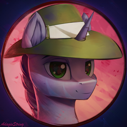 Size: 2000x2000 | Tagged: safe, artist:adagiostring, derpibooru import, oc, oc only, unicorn, zebra, bust, commission, hat, looking at you, male, my little pony, portrait, simple background, species swap, zebra oc