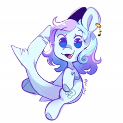 Size: 2048x2048 | Tagged: safe, artist:yun_nhee, derpibooru import, oc, oc:wavebud, original species, shark, shark pony, chibi, cute, ear piercing, eyelashes, fangs, female, fins, jewelry, mare, piercing, simple background, solo, two toned mane