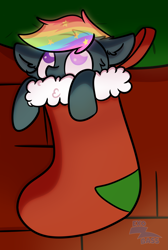 Size: 2189x3265 | Tagged: safe, artist:exobass, derpibooru import, oc, oc only, oc:prism star, bat pony, pony, bat pony oc, christmas, christmas stocking, commission, complex background, ethereal mane, glowing, glowing eyes, glowing mane, heterochromia, holiday, looking up, male, multicolored hair, rainbow hair, solo, starry mane, ych result