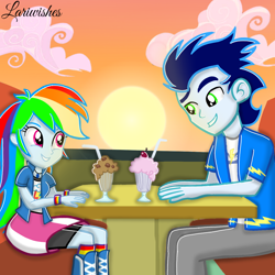 Size: 1300x1300 | Tagged: safe, artist:mlplary6, derpibooru import, rainbow dash, soarin', equestria girls, boots, date, female, looking at each other, looking at someone, male, milkshake, shipping, shoes, sitting, smiling, smiling at each other, soarindash, straight, sunset