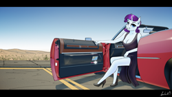 Size: 3840x2160 | Tagged: safe, artist:apocheck13, derpibooru import, rarity, anthro, plantigrade anthro, unicorn, black dress, breasts, car, cleavage, clothes, convertible, day, desert, dress, eyebrows, eyelashes, female, grass, grin, high heels, horn, looking at you, mare, outdoors, reasonably sized breasts, shoes, signature, sitting, sky, smiling, smiling at you, solo