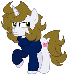 Size: 900x1013 | Tagged: safe, artist:saveraedae, derpibooru import, oc, oc only, pony, unicorn, angry, clothes, colt, foal, looking offscreen, male, ponified, raised hoof, raised leg, show accurate, simple background, solo, sweater, teenager, the mark side, transparent background