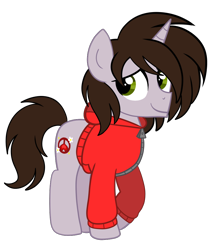 Size: 900x1013 | Tagged: safe, artist:saveraedae, derpibooru import, oc, oc only, pony, unicorn, brown mane, brown tail, clothes, colt, foal, full body, hooves, horn, jacket, looking offscreen, male, ponified, show accurate, simple background, smiling, solo, standing, tail, teenager, the mark side, transparent background, unicorn oc