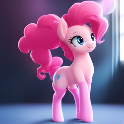 Size: 3072x3072 | Tagged: safe, derpibooru import, generator:stable diffusion, machine learning generated, pinkie pie, earth pony, pony, anything pony: sd is magic, blue eyes, pink socks, ponytail, simple background, smiling, solo