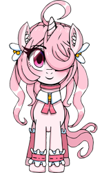 Size: 711x1200 | Tagged: safe, artist:tsudashie, derpibooru import, oc, oc only, oc:stella shine, pony, unicorn, 2023 community collab, clothes, derpibooru community collaboration, female, hair covering face, hair ornament, one eye closed, one eye covered, one eyed, pink hair, simple background, smiling, solo, transparent background