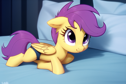 Size: 768x512 | Tagged: safe, derpibooru import, generator:novelai, generator:stable diffusion, machine learning generated, scootaloo, pegasus, pony, bed, black underwear, clothes, female, filly, foal, looking up, on bed, panties, pillow, solo, underwear