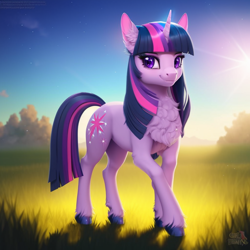Size: 1024x1024 | Tagged: safe, derpibooru import, generator:purplesmart.ai, generator:stable diffusion, machine learning generated, twilight sparkle, unicorn twilight, pony, unicorn, chest fluff, cute, cutie mark, ear fluff, ears, female, grass, grass field, hooves, looking at you, mare, outdoors, prompter:epsilonwolf, smiling, smiling at you, solo, standing, the quality of ai art is frightening, unshorn fetlocks