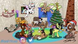 Size: 3840x2160 | Tagged: safe, artist:memprices, derpibooru import, oc, oc only, oc:balthy, oc:caramel frappe, oc:confetti cupcake, oc:ginger oreo, oc:orange delight, oc:pauly sentry, oc:seafare breeze, oc:sylvia evergreen, oc:twinny, oc:zhanna, bat pony, earth pony, pegasus, pony, unicorn, zebra, 4k, armchair, bat pony oc, bowtie, braid, braided pigtails, chair, chest fluff, chocolate, christmas, christmas lights, christmas stocking, christmas tree, clothes, clothes hanger, colored, commission, confetti, cookie, curly hair, curly tail, curtains, ear fluff, ear piercing, earring, ears, earth pony oc, eggnog, female, festive, fireplace, flying, food, freckles, gift wrapped, hat, having fun, hearth's warming, hearth's warming eve, high res, holiday, horn, hot chocolate, jewelry, lesbian, licking, licking lips, looking at each other, looking at someone, lying down, marshmallow, marshmallow coco, mlem, mug, nom, on back, party hat, pegasus oc, photo frame, piercing, pigtails, room, rug, santa hat, shipping, signature, silly, simple shading, sitting, sleeping, smiling, smiling at each other, snow, snowfall, social media, socks, standing, tail, talking, toasting, tongue, tongue out, toy, tree, unicorn oc, unshorn fetlocks, wallpaper, window, zebra oc