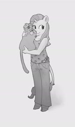 Size: 1146x1920 | Tagged: safe, artist:spectralunicorn, derpibooru import, opalescence, rarity, anthro, cat, classical unicorn, unguligrade anthro, unicorn, cloven hooves, duo, female, gray background, grayscale, holding a cat, leonine tail, mare, monochrome, simple background, tail, unshorn fetlocks