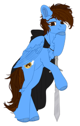 Size: 1945x3040 | Tagged: safe, artist:medkit, derpibooru import, oc, oc only, oc:pegasusgamer, oc:sky game, pegasus, pony, 2023 community collab, adam's apple, big eyes, bipedal, chest fluff, cloak, clothes, cutie mark, derpibooru community collaboration, ear fluff, ears, eyes open, fluffy, folded wings, happy, horseshoes, long tail, looking at you, male, paint tool sai 2, pegasus oc, short mane, simple background, sketch, smiling, solo, stallion, standing, sternocleidomastoid, sword, tail, transparent background, weapon, wings