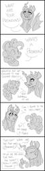 Size: 510x1905 | Tagged: safe, artist:lockandkeyhyena, derpibooru import, pinkie pie, queen chrysalis, changeling, changeling queen, earth pony, pony, annoyed, cellphone, comic, confused, duo, female, grayscale, hoof hold, implied twilight sparkle, mare, monochrome, phone, simple background, speech bubble, white background