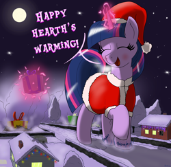 Size: 2520x2445 | Tagged: safe, artist:qkersnll, derpibooru import, twilight sparkle, twilight sparkle (alicorn), alicorn, pony, blushing, christmas, christmas lights, destruction, eyes closed, female, giant pony, giantess, happy hearth's warming, hat, hearth's warming, high res, holiday, house, macro, mare, moon, night, present, santa hat, signature, smiling, snow, solo