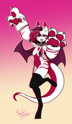 Size: 828x1414 | Tagged: safe, artist:randystrike, derpibooru import, oc, oc only, oc:spencer black, anthro, bat pony, dragon, bat wings, bikini, bikini top, clothes, dragon tail, gradient background, paw socks, plushie hands, solo, swimsuit, tail, tongue, tongue out, wings