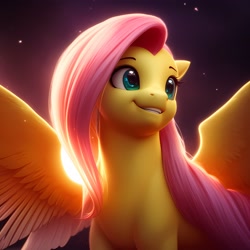Size: 3072x3072 | Tagged: safe, derpibooru import, generator:stable diffusion, machine learning generated, fluttershy, pegasus, pony, cute, female, green eyes, looking away, looking to side, looking to the right, lucidpony: sd is magic 2, mare, shyabetes, simple background, smiling, solo, wings
