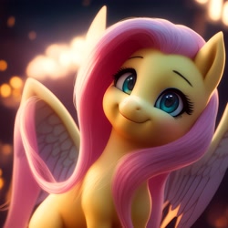 Size: 3072x3072 | Tagged: safe, derpibooru import, generator:stable diffusion, machine learning generated, fluttershy, pegasus, pony, cute, female, green eyes, looking at you, lucidpony: sd is magic 2, mare, shyabetes, simple background, smiling, smiling at you, solo, wings