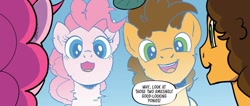 Size: 1334x565 | Tagged: safe, artist:pencils, derpibooru import, idw, cheese sandwich, pinkie pie, earth pony, pony, g4, spoiler:comic, spoiler:comic94, cute, dialogue, diapinkes, duo, female, flirting, male, mare, reflection, season 10, shipping fuel, speech bubble, stallion