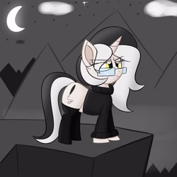 Size: 3000x3000 | Tagged: safe, artist:bestponies, derpibooru import, oc, oc only, oc:diamond horseshoe, pony, unicorn, clothes, cloud, confident, glasses, golden eyes, horn, looking up, moon, mountain, smiling, socks, solo, stars, sweater, unicorn oc