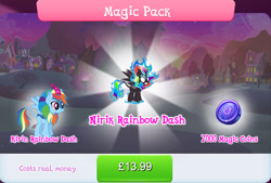 Size: 1268x857 | Tagged: safe, derpibooru import, rainbow dash, kirin, nirik, bundle, costs real money, duality, english, fangs, female, fire, gameloft, horn, kirin rainbow dash, kirin-ified, magic coins, mane of fire, mobile game, my little pony: magic princess, numbers, official, sale, solo, solo focus, species swap, spread wings, text, winged kirin, wings