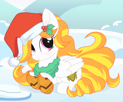 Size: 1280x1064 | Tagged: safe, artist:vi45, derpibooru import, oc, pegasus, pony, christmas, female, hat, holiday, lying down, mare, prone, santa hat, solo