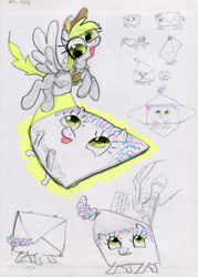 Size: 2856x4000 | Tagged: safe, artist:ja0822ck, derpibooru import, derpy hooves, pony, envelope, flying, letter, ponified, simple background, traditional art