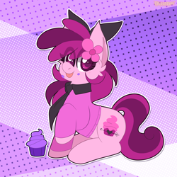 Size: 2000x2000 | Tagged: safe, artist:saveraedae, derpibooru import, oc, oc only, earth pony, pony, :p, bow, clothes, commission, cupcake, female, food, frosting, mare, necktie, solo, tongue, tongue out