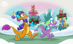 Size: 2200x1320 | Tagged: safe, artist:spicytacozzz, derpibooru import, smolder, spike, dragon, pony, cap, christmas, christmas presents, clothes, dragoness, earmuffs, female, gloves, hat, hearth's warming, holiday, male, outdoors, package, present, scarf, snow, snowfall, striped scarf, winter